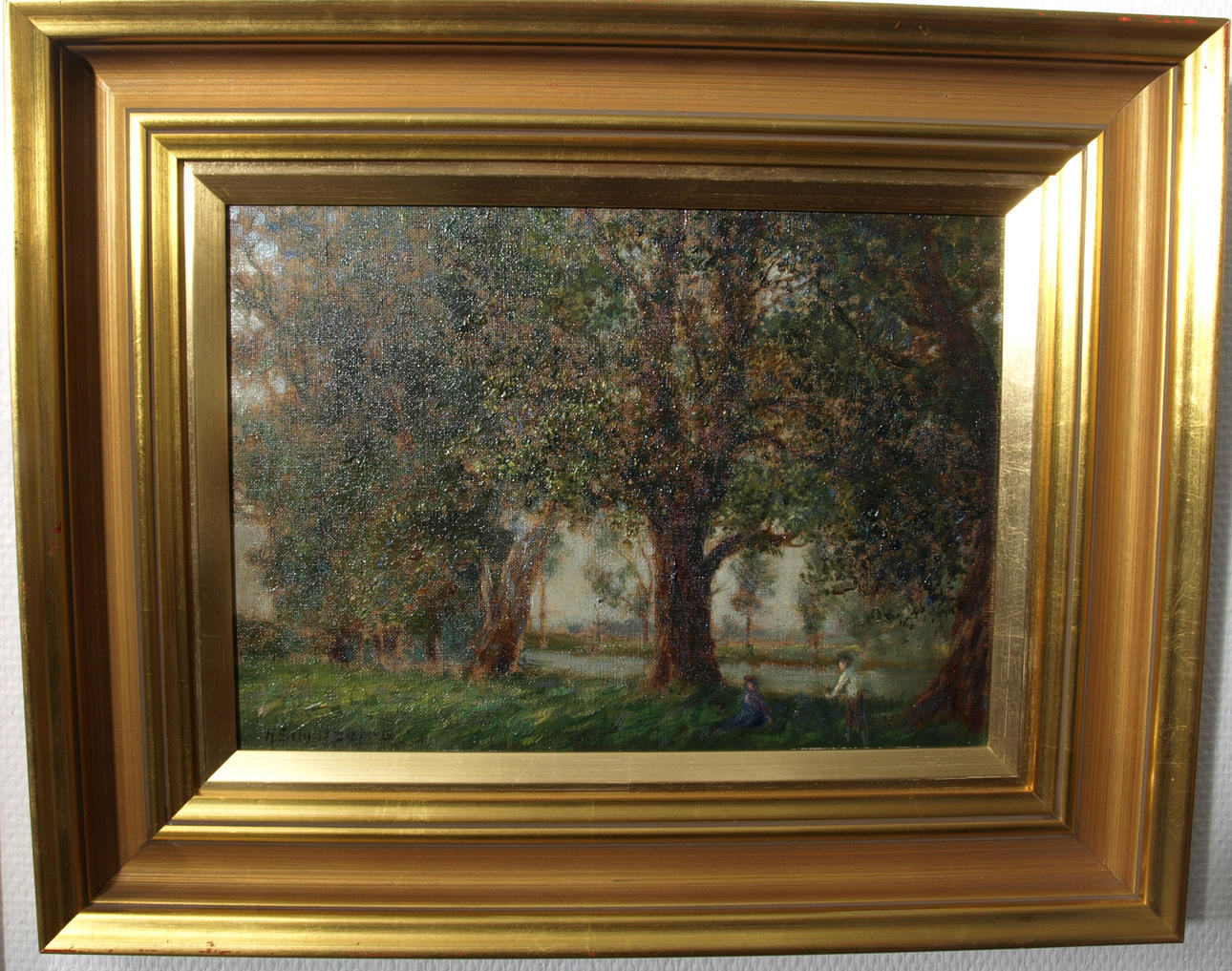 ANSHELM SCHULTZBERG. Olja på pannå, Allé med lekande barn, signerad A Schultzberg.