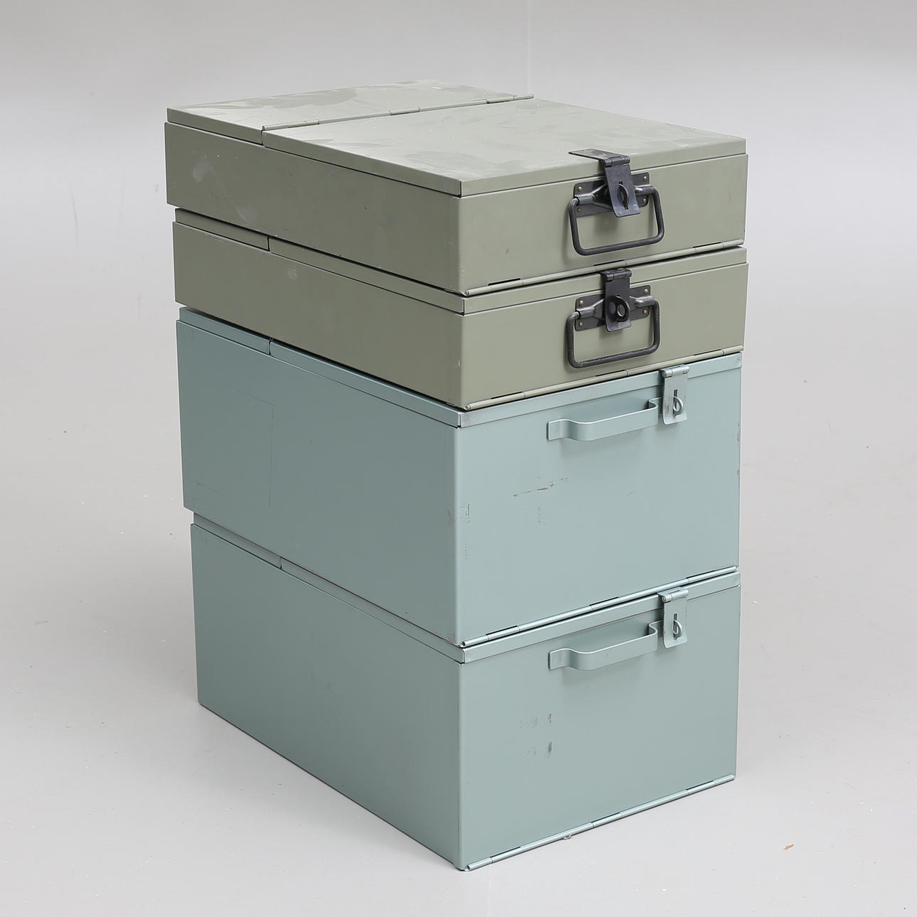 LÅDOR, 4 st, plåt, industristil, 1900-talets mitt/andra hälft.