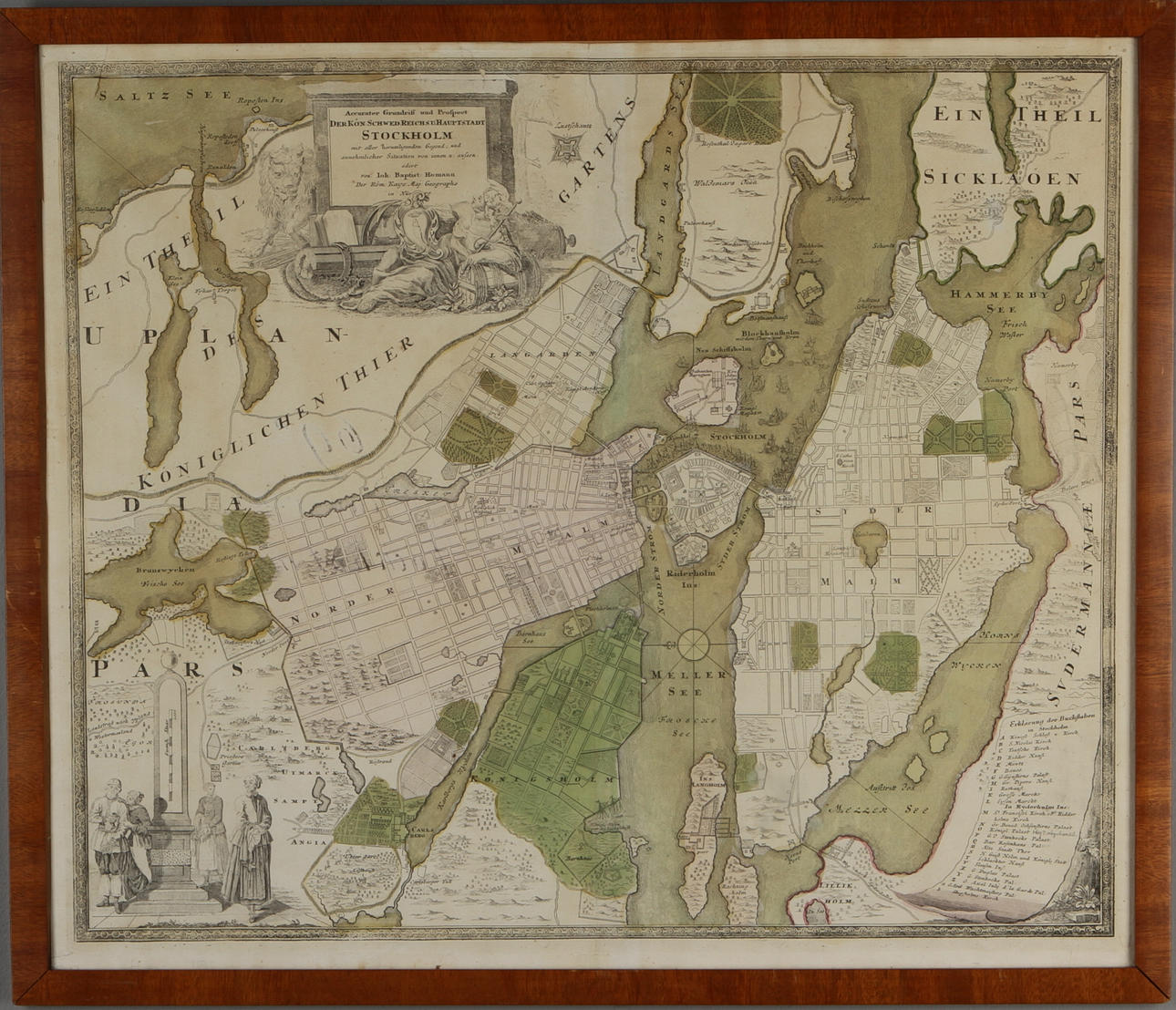 KARTA, Stockholm, Johann Baptist Homann, " Accurater Grundriss und Prospect der. Kön. Schwed. Reichs. u. Hauptstadt Stockholm mit aller herumligenden Gegend...".