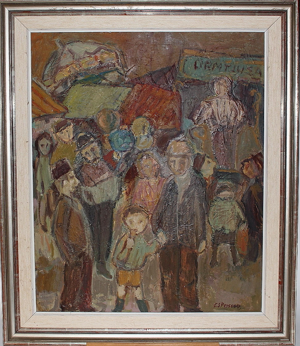 ES PERSSON. olja på duk, folksamling, signerad.