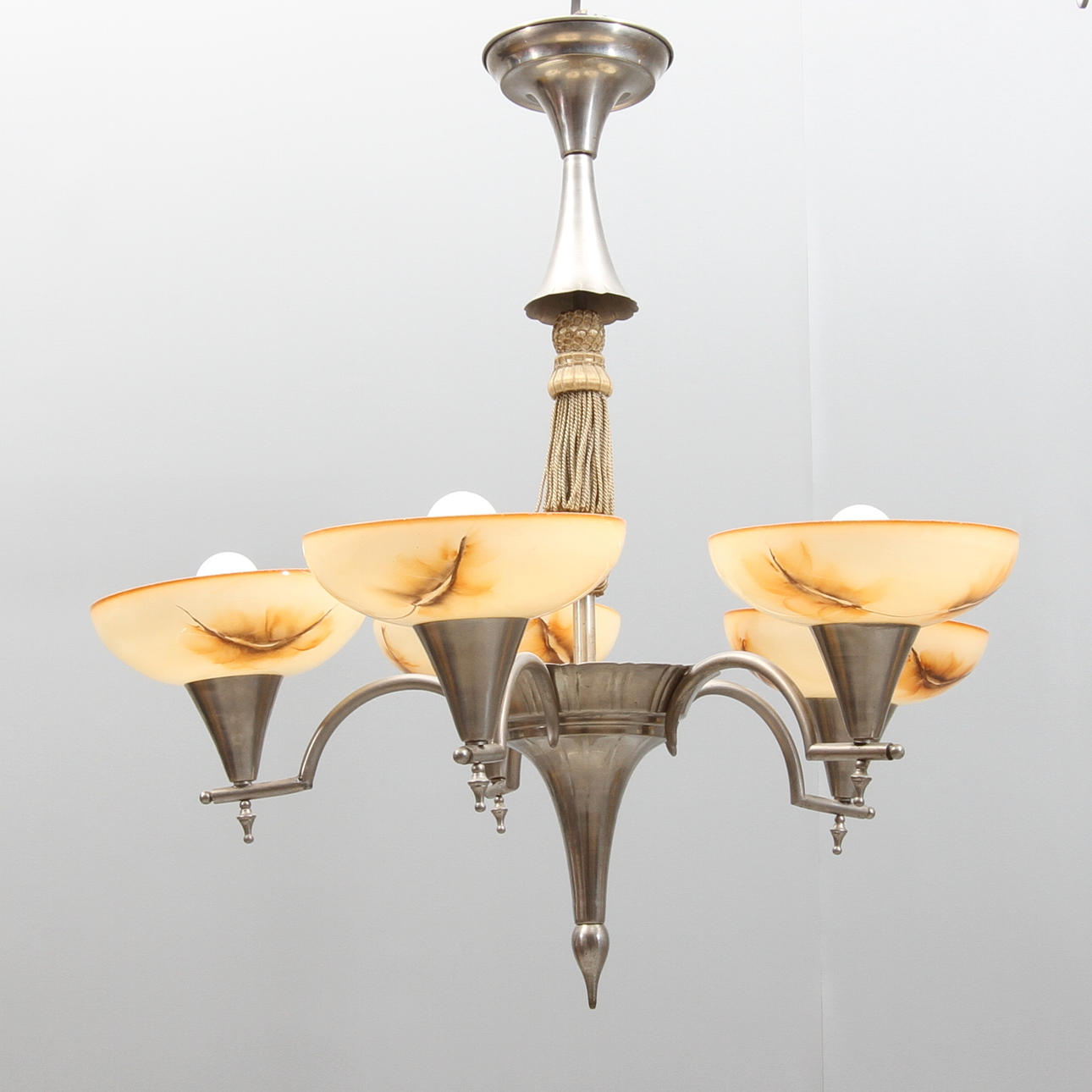 TAKLAMPA, metall med glaskupor, art deco, 1900-talets första hälft.