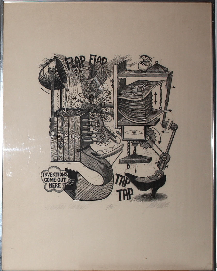 OIDENTIFIERAD KONSTNÄR. etsning, Uppfinningsmaskin, signerad.