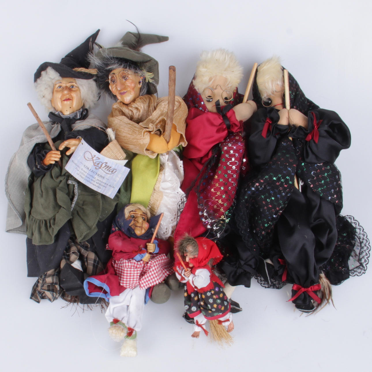 DOLLS, 6 pcs. Porcelain and cloth, witches, partly Kasma Dolls