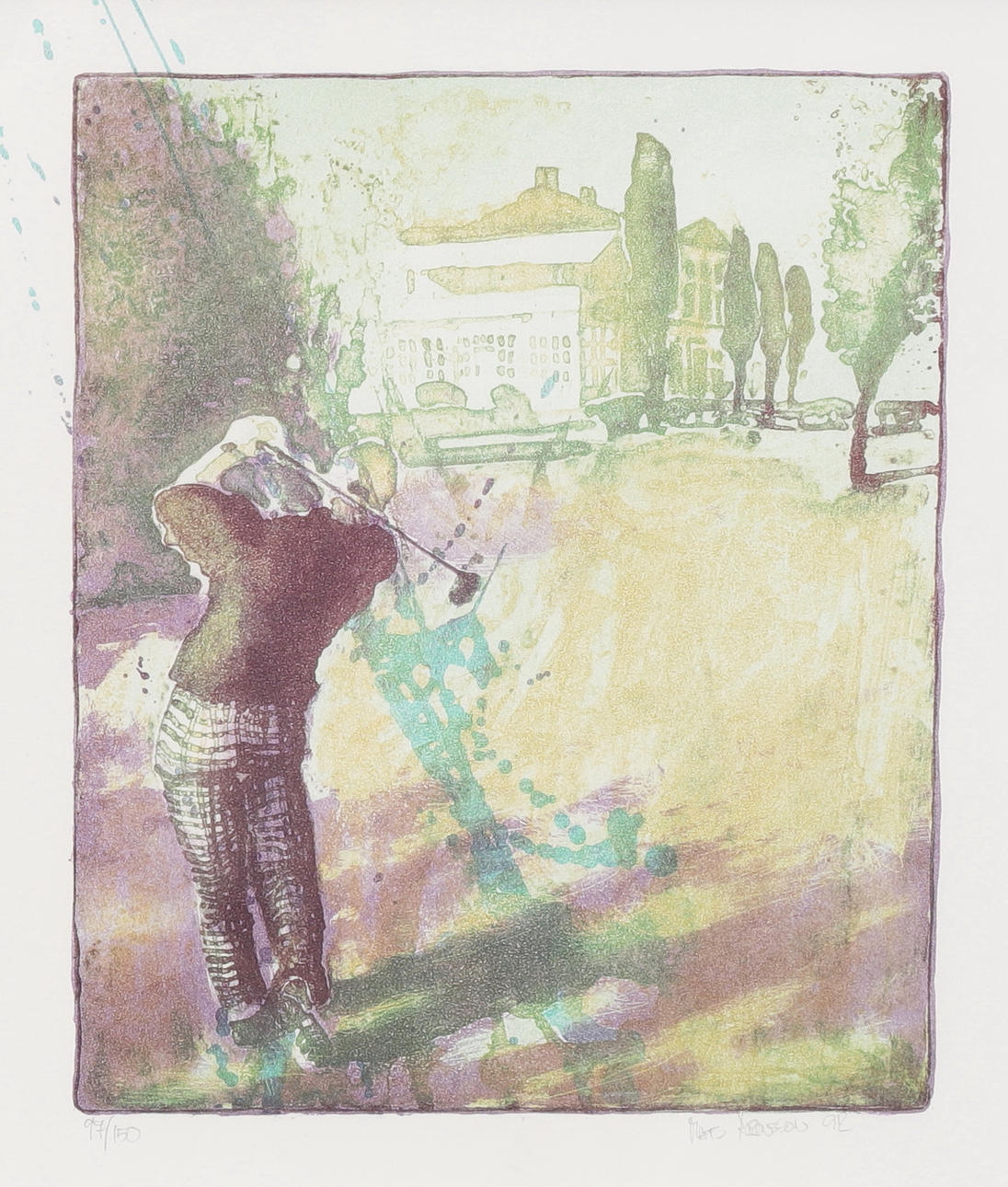 MATS ARONSSON. Golfer, color lithograph, signed and numbered 97/150 and dated 92.