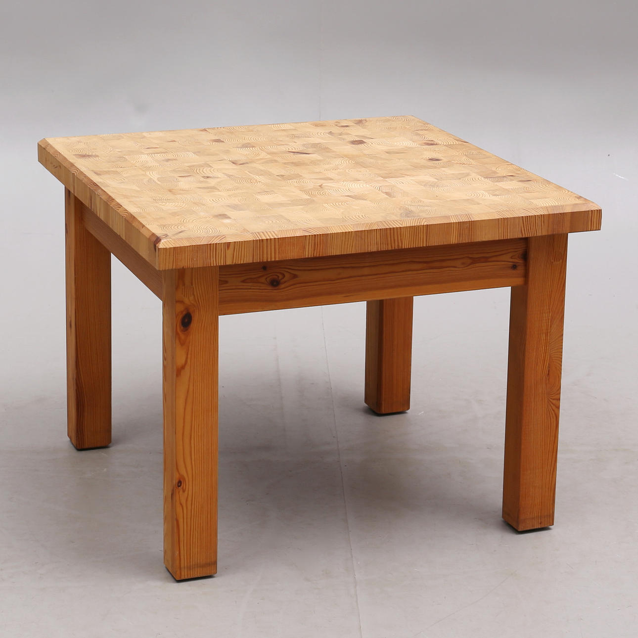 COFFEE TABLE, solid pine, end wood, 1970s.