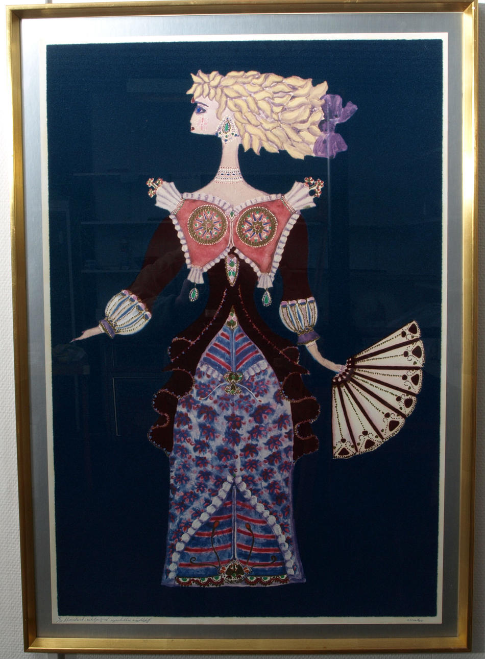 MAX WALTER SVANBERG. Reproduktion, numrerad 18/50, "Misantropen", akvarellerad och metallpräglad, textilstoff, signerad Max Walter S.