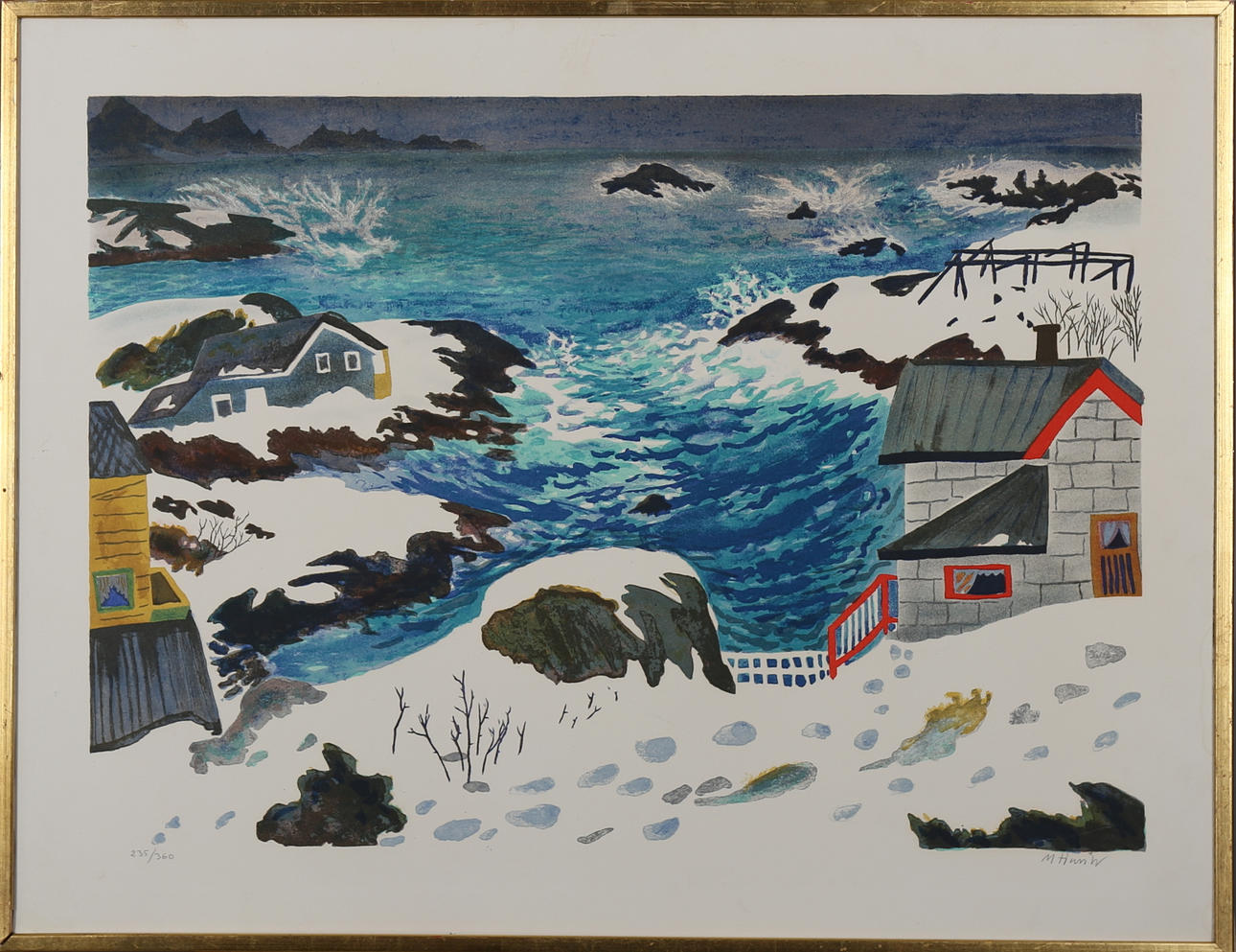 MONA HUSS WALLIN. Hus vid vintrig kust, färglitografi, signerad M Huss W och numrerad 235/360.