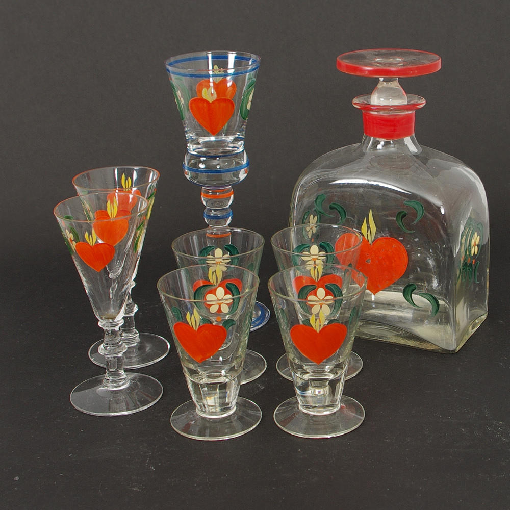 KARAFF SAMT SNAPSGLAS, glas målad dekor.