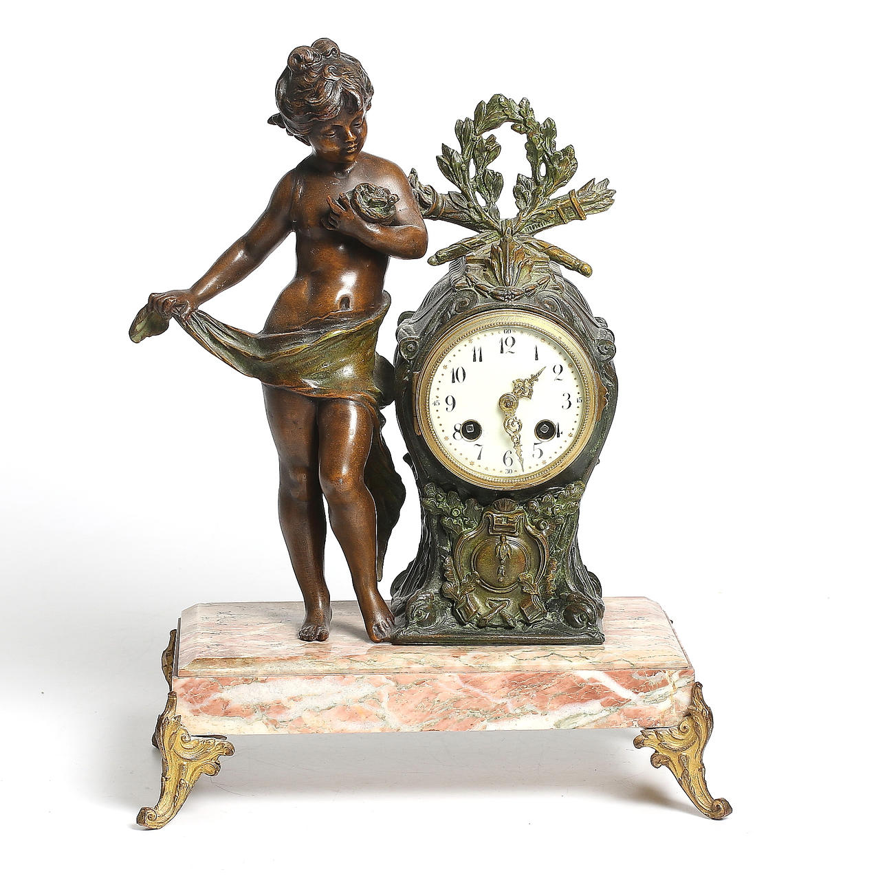 BORDPENDYL, patinerad och förgylld mässing samt marmor, Louis XV-stil, Frankrike. 1800-tal.