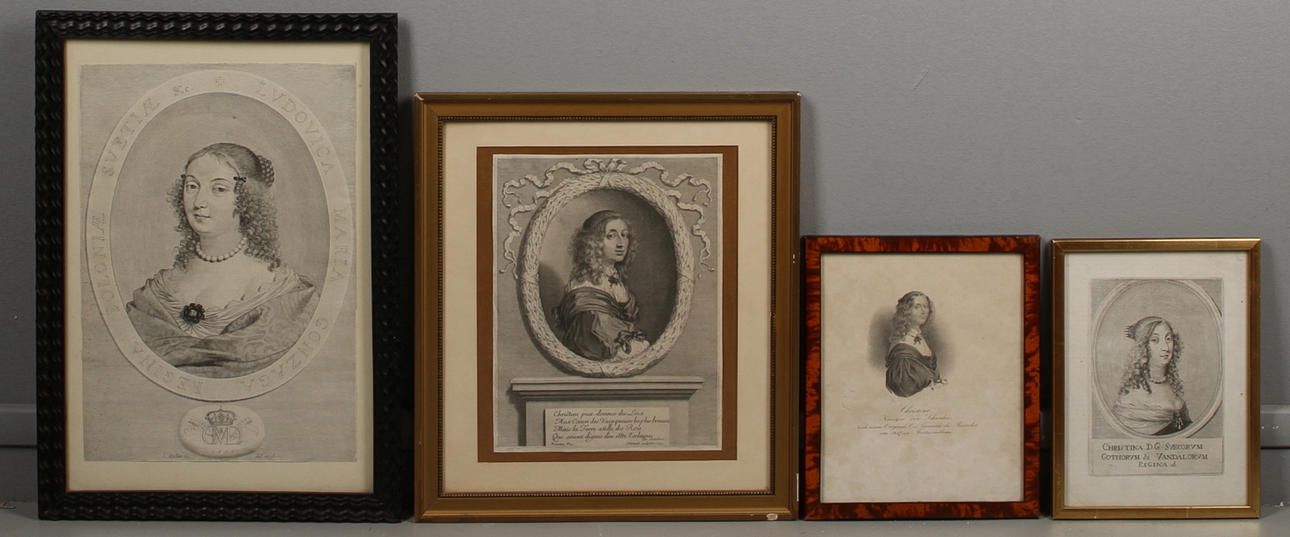 PARTI ÄLDRE GRAFIK, 4 st, porträtt av drottning Kristina.