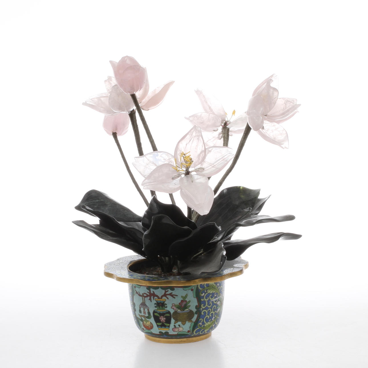 PRYDNADSBLOMMA, stenarbete med kruka i cloisonné, Kina.