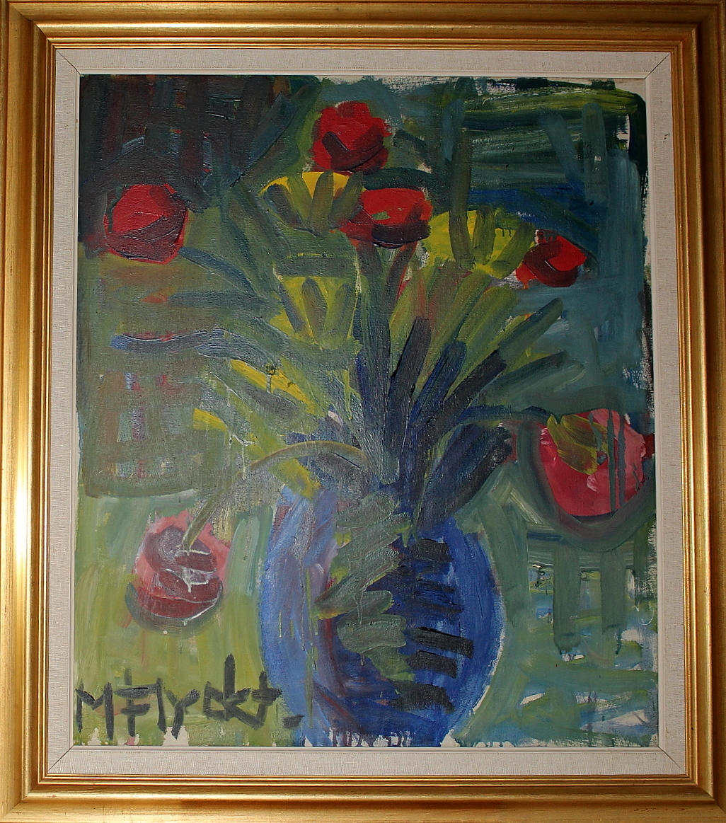 OIDENTIFIERAD KONSTNÄR. olja på duk, blommor, signerad M, Flyckt.
