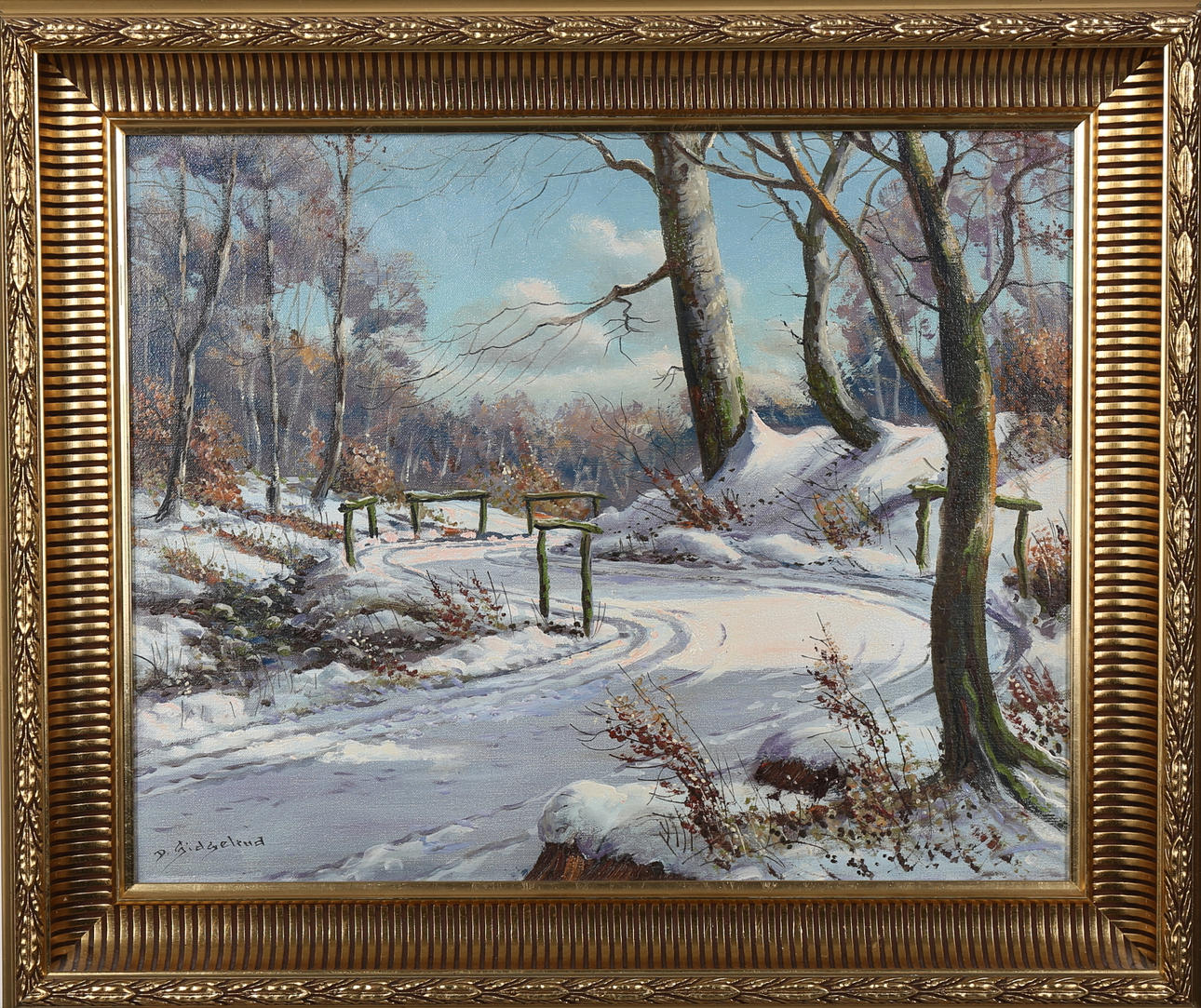 DAGFIN SIDSELRUD. Norsk skogsväg i snö, olja på duk, signerad D Sidselrud.
