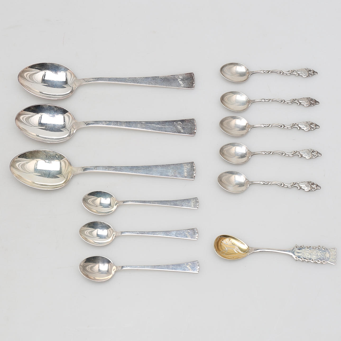 PARTI SILVERSKEDAR, 12 delar, stämplade H9, N9, P9, O9, Vikt 241 kg.