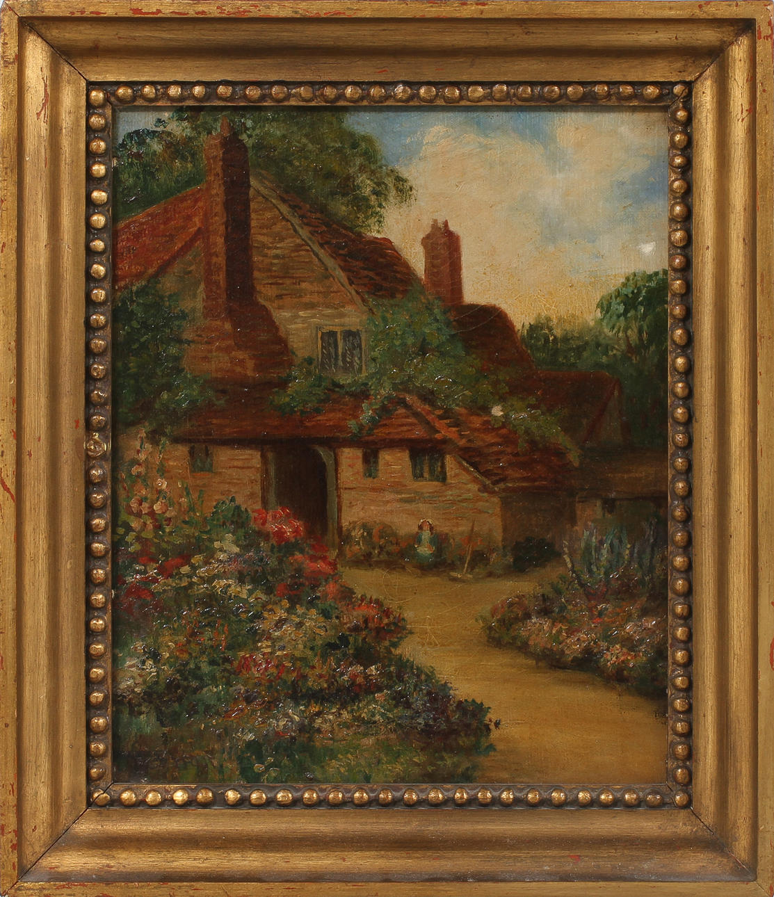 OIDENTIFIERAD KONSTNÄR. Gårdsmotiv med figur, olja på duk, otydlig signatur.