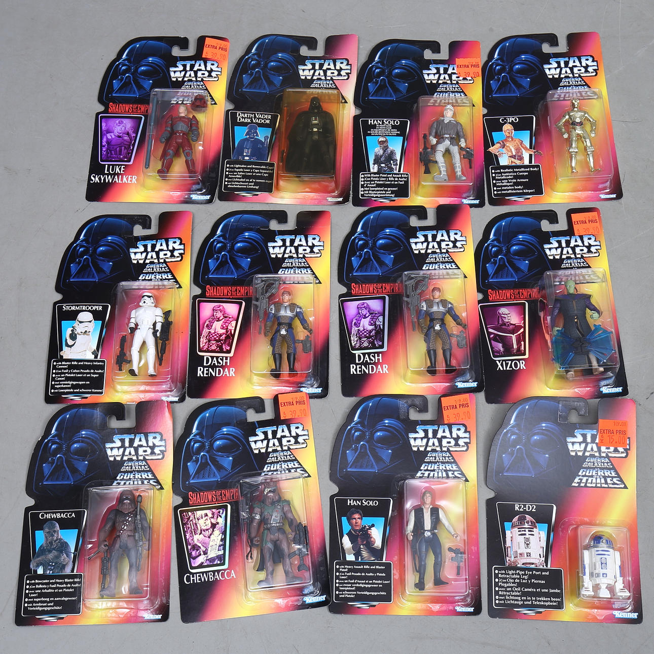 STAR WARS KENNER 12 figurer i original förpackningar.