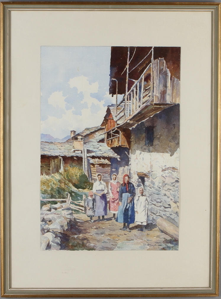 OIDENTIFIERAD KONSTNÄR. Gårdsliv, akvarell, signerad samt daterad 1944.