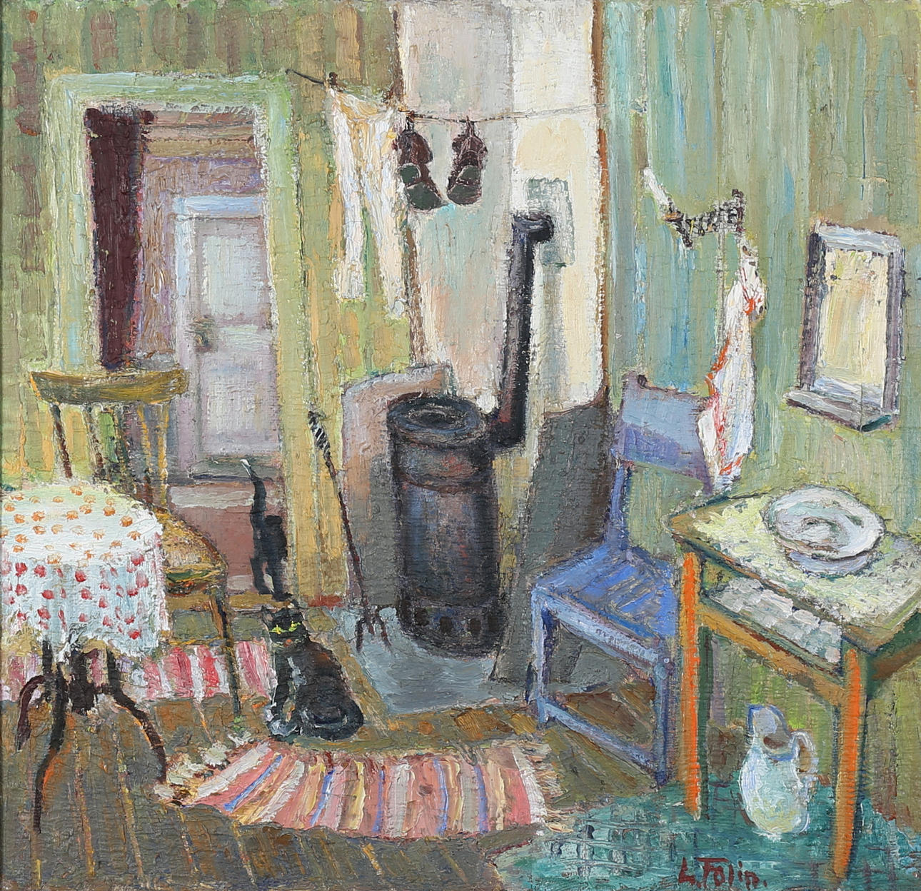 LENNART FOLIN. Interiör med katter. Olja på duk, signerad.