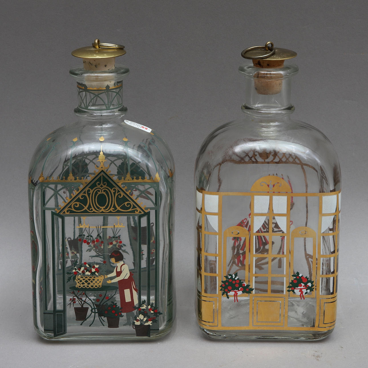 KARAFE, 2 Stück, Weihnachtsflaschen, Holmegaard, Dänemark.