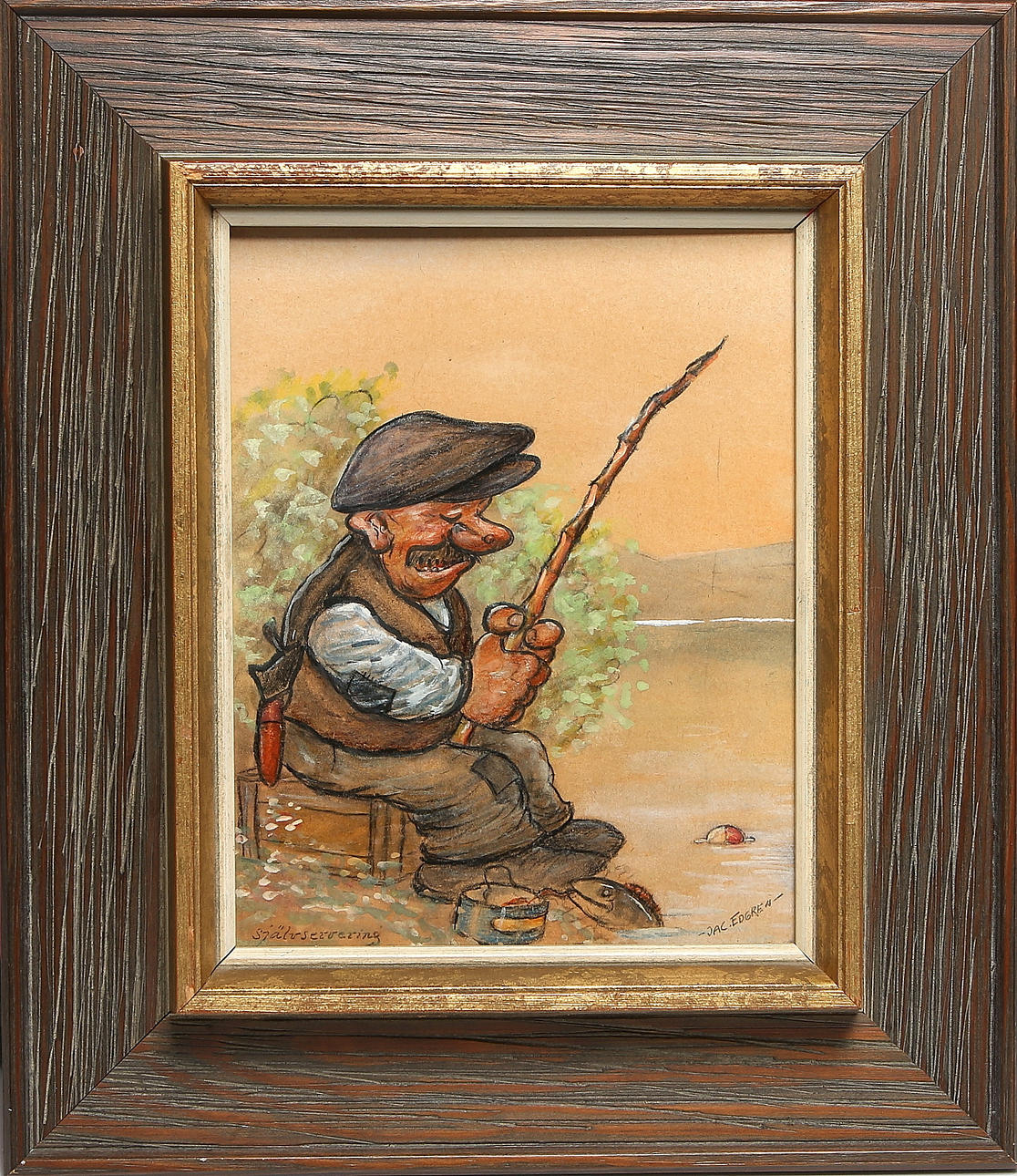 JAC EDGREN. "Självservering", gouache på pannå, signerad.