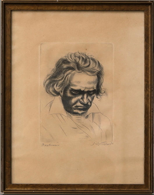OIDENTIFIERAD KONSTNÄR. Etsning, Beethoven, signerad.
