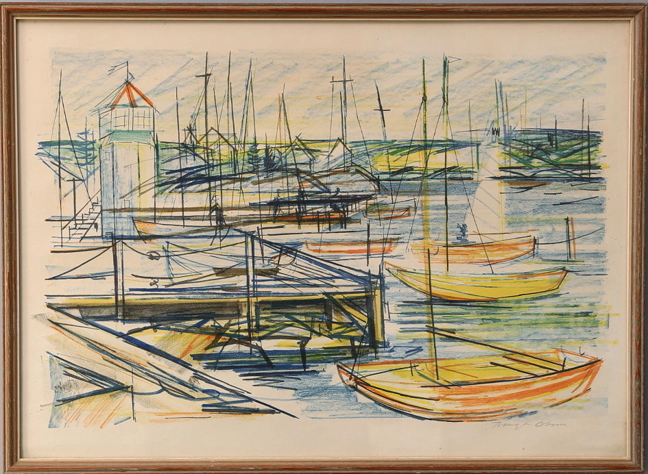 BENGT OLSON. Litografi, hamnmotiv, signerad.