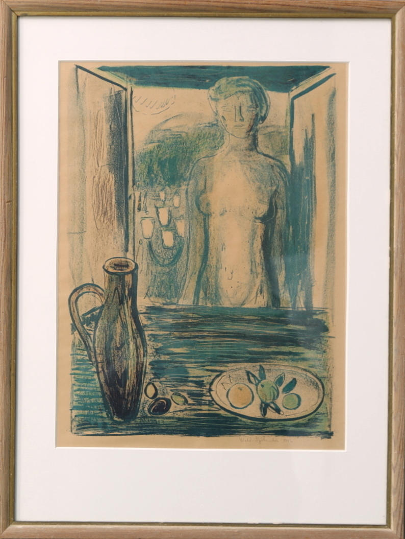 WALDEMAR SJÖLANDER. Färglitografi, kvinna vid bord, signerad och daterad 1946.