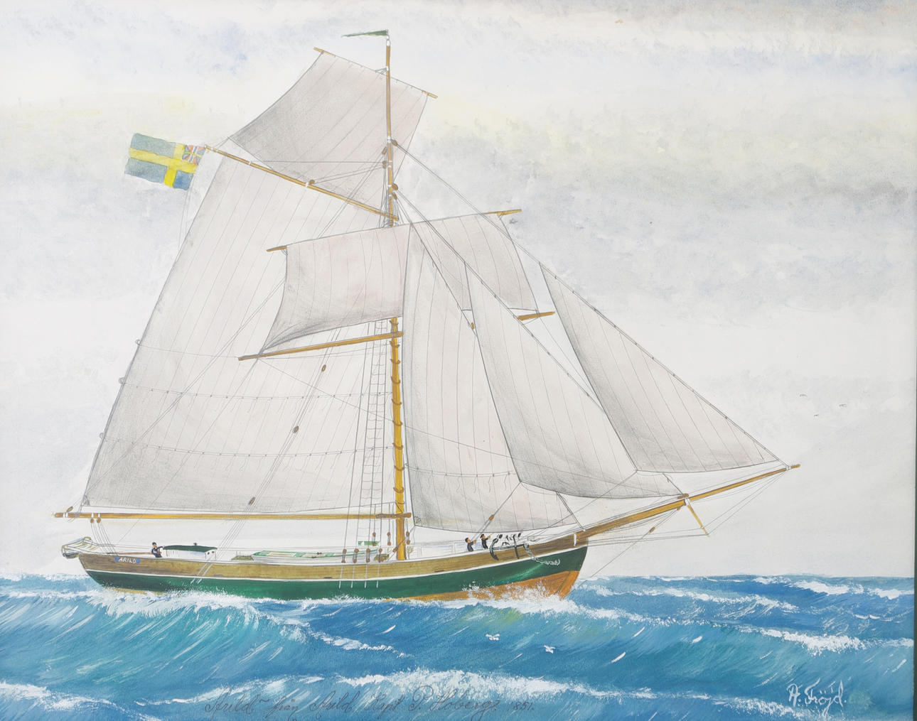 OIDENTIFIERAD KONSTNÄR. Segelbåt Arild, blandteknik, signerad A. Fröjd.