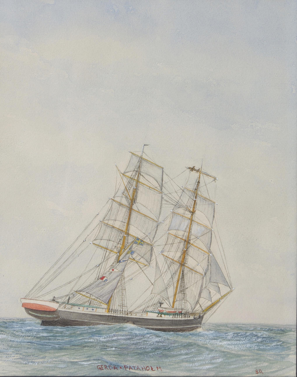 OIDENTIFIERAD KONSTNÄR. Segelbåt Gerda Pataholm, akvarell, monogramsignerad S.R.