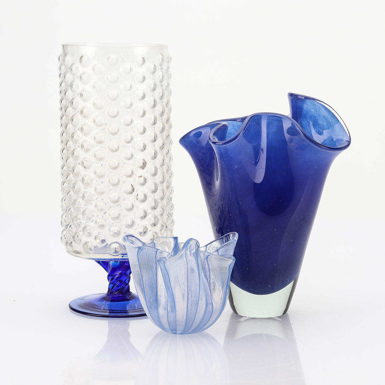 MURANO, Vasen 3 Stück, Taschentuchvase, Venini.