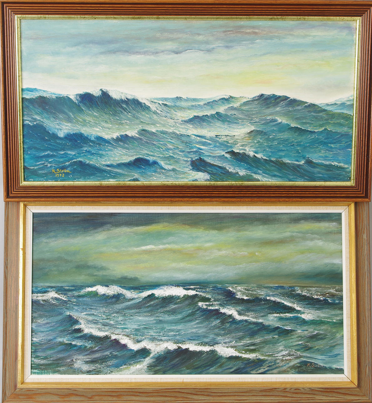 OIDENTIFIERAD KONSTNÄR. Stormigt hav, 2 oljemålningar på pannå, signerade H. Ström.