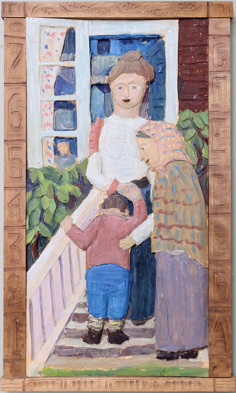 HELMER TELEMAN. Tavla, Träsnitt, "Min första skoldag", Sign H. Teleman.