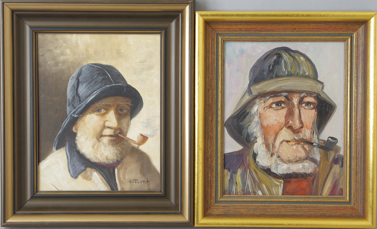 FISKARGUBBAR, 2 stycken, olja på duk, signerade Klintberg & Tornö.