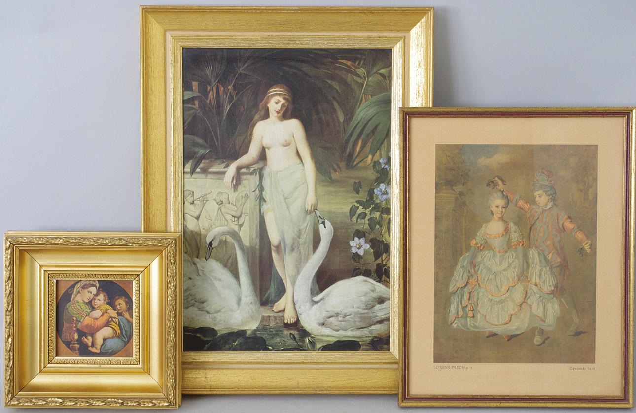 TRYCK I FÖRGYLLDA RAMAR, 3 stycken, bl.a. dansande barn.