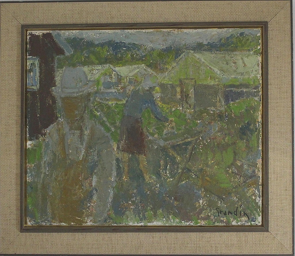 SVÄN GRANDIN. olja på pannå, vid växthusen, signerad.