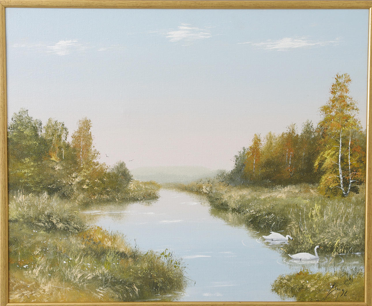 OIDENTIFIERAD KONSTNÄR. Flodlandskap med svanar, olja på duk, otydligt signerad.