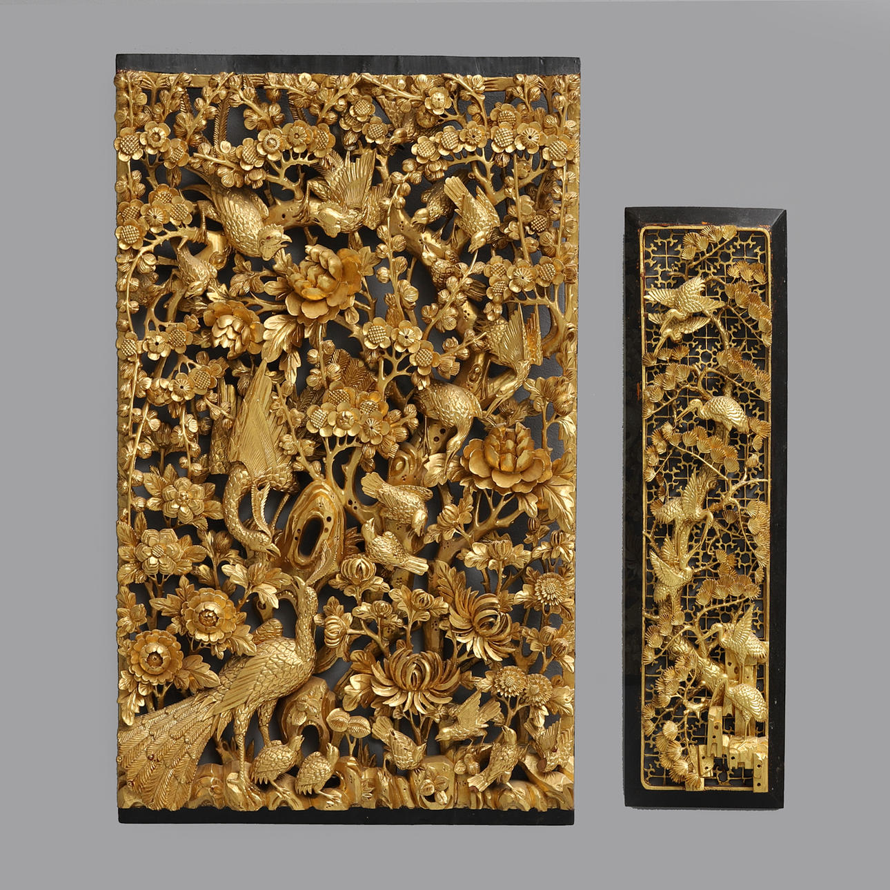 RELIEFER / DECORATIVE ELEMENTS, 2 pcs, gilded, China, 20th century.