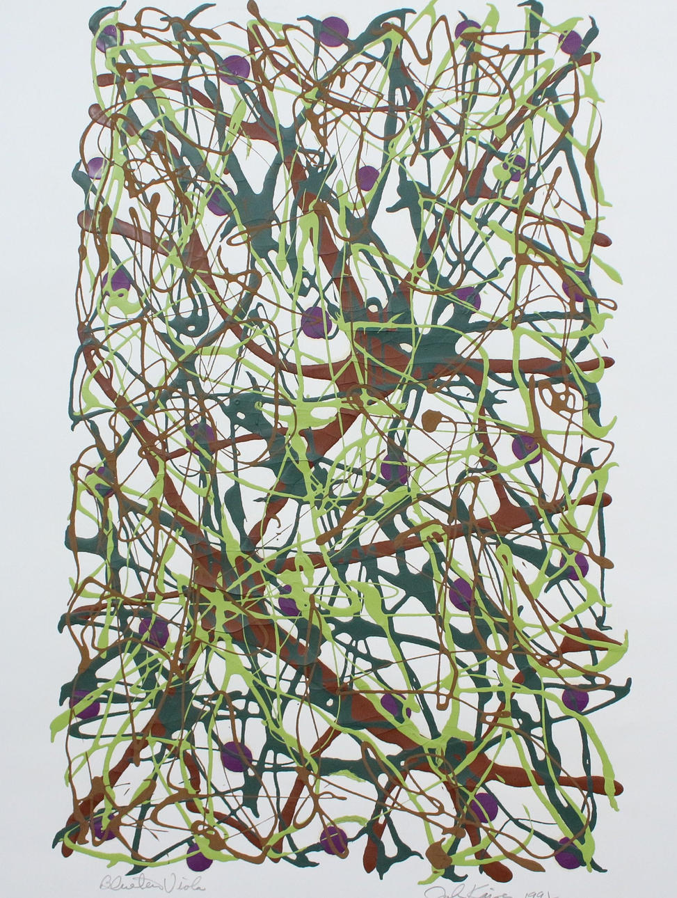 JOHN KAISER. 'Blüten Viola', Mischtechnik auf Papier, signiert.