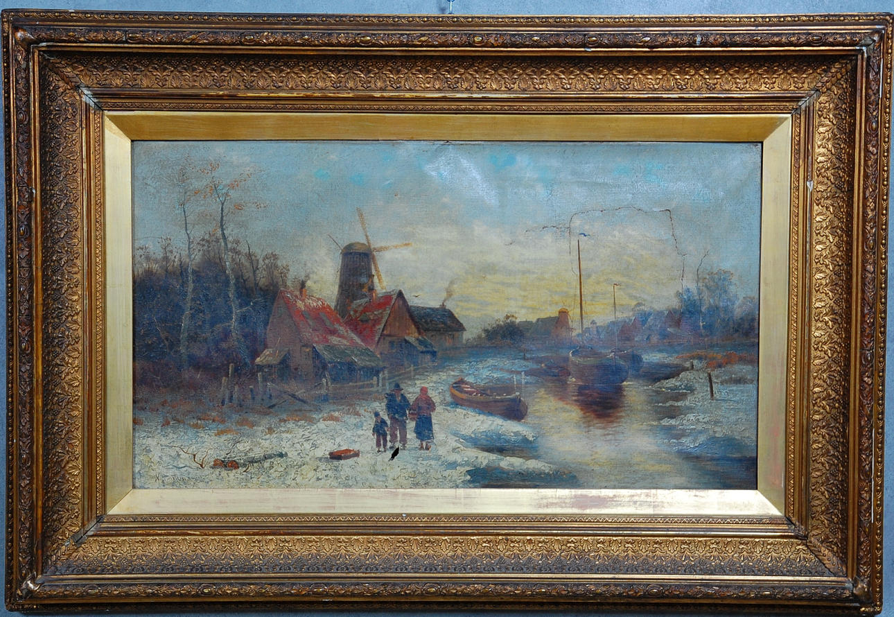 OIDENTIFIERAD KONSTNÄR. olja på duk, Holländsk vy, 1800-talets första hälft ,otydligt signerad.