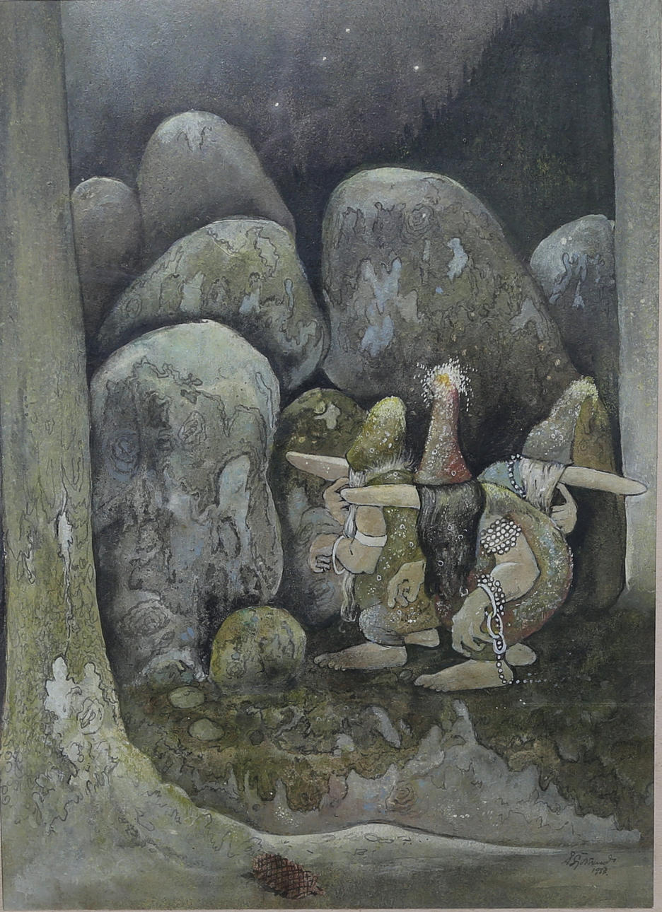 OIDENTIFIERAD KONSTNÄR. akvarell, "troll", daterad 1957.