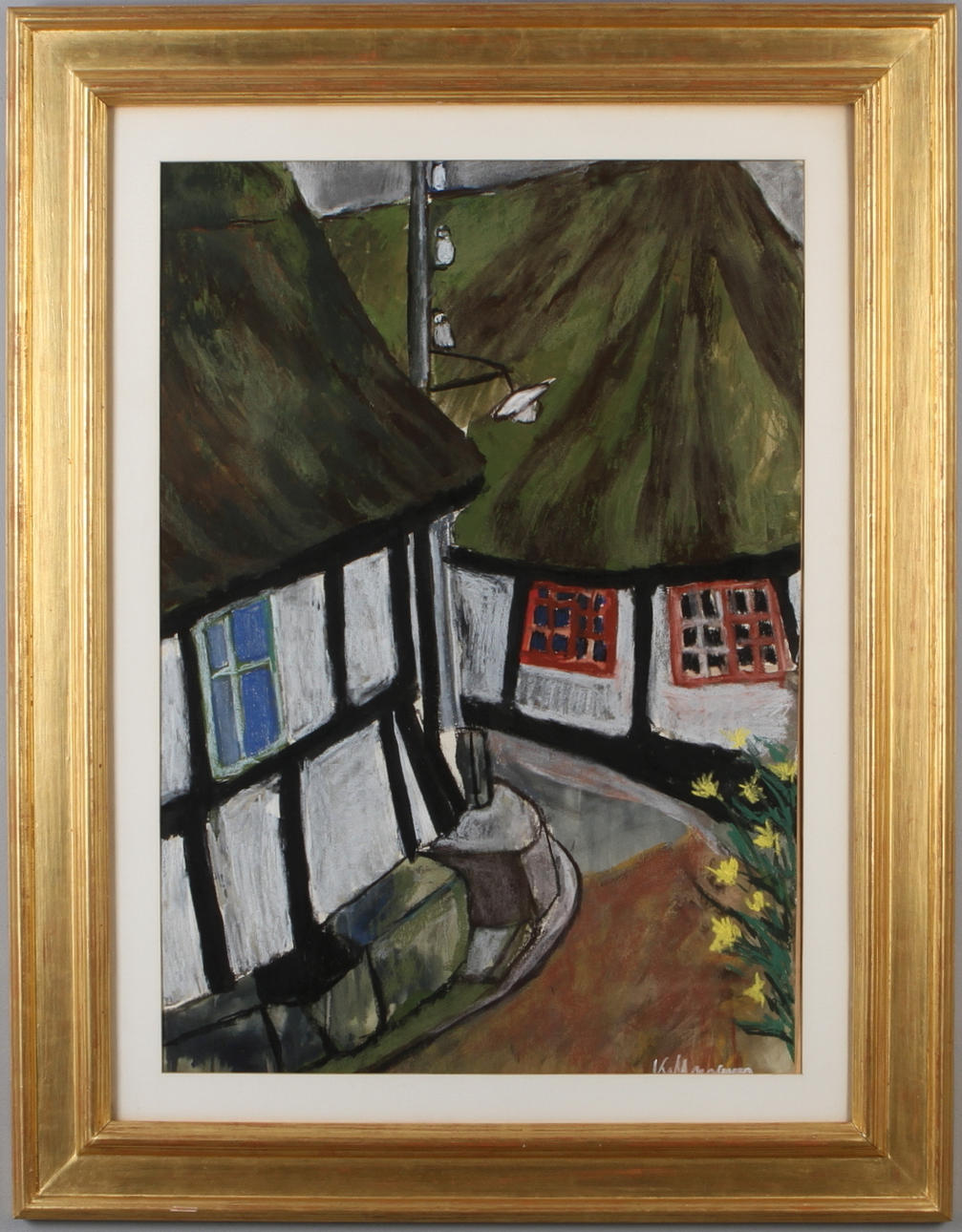 HANS JÜRGEN KALLMANN. Gårdsmotiv med gatlykta, pastell, signerad.