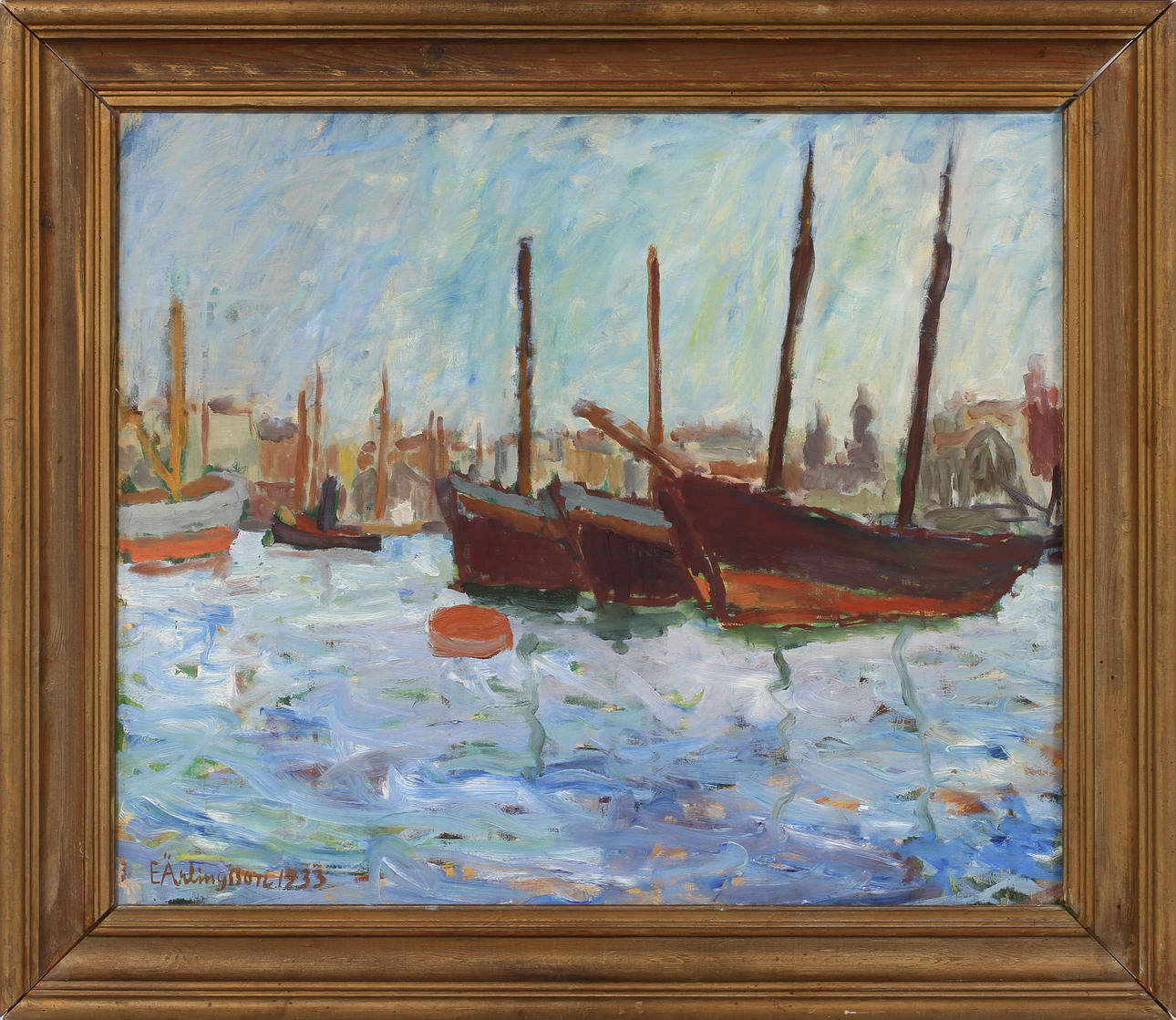 ERLING ÄRLINGSSON (1904-1982). Motiv från Göteborgs hamn. Olja på duk.