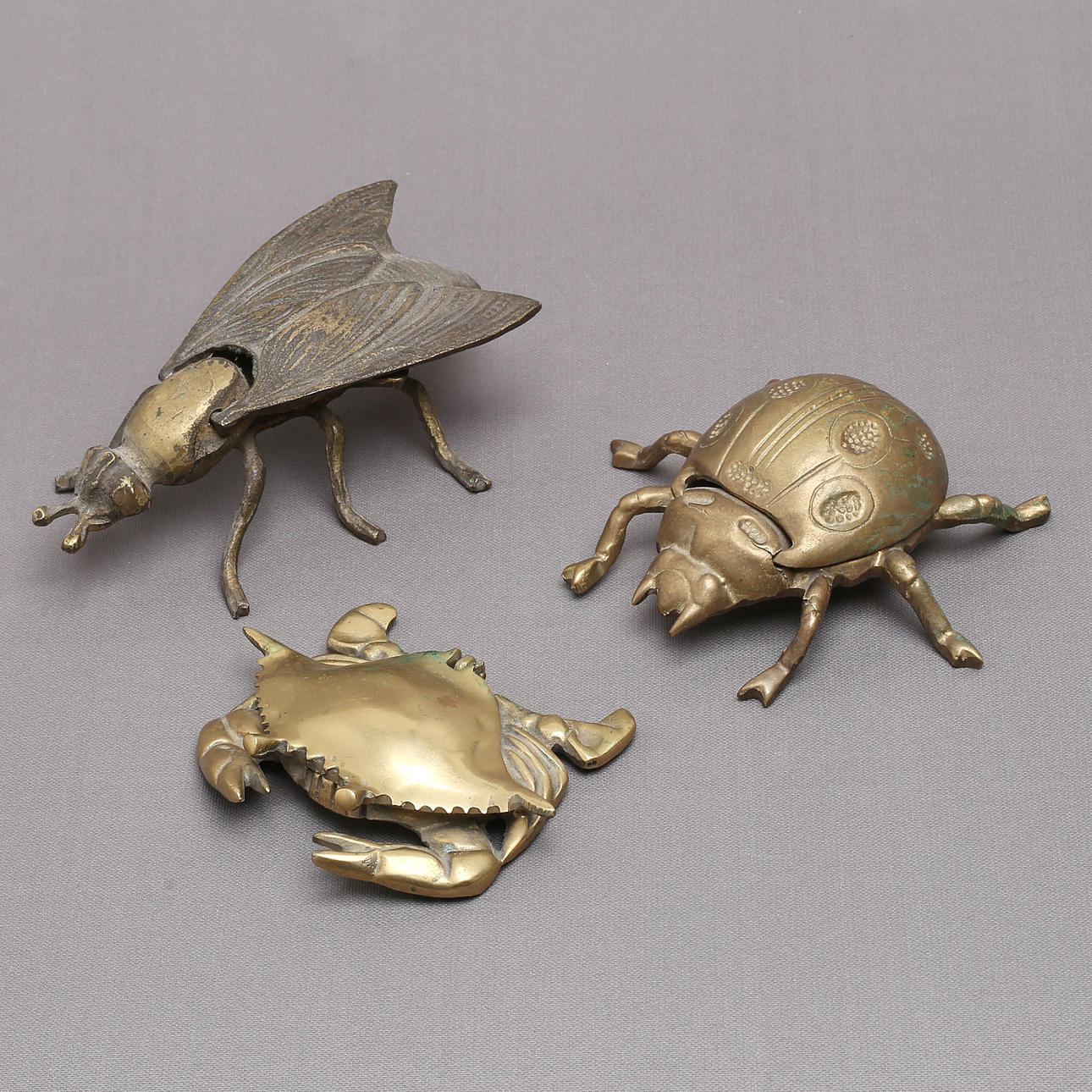ASH DISH, 3 pcs, brass, fly, crab, beetle. 1900s.