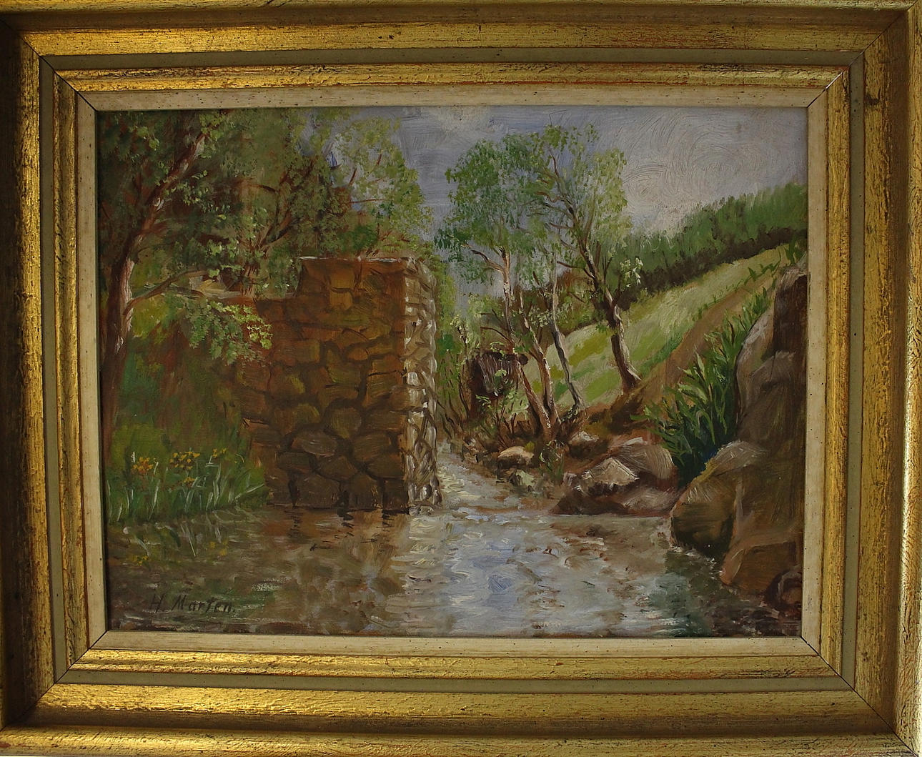H MARTEN. olja på pannå, landskapsmotiv, signerad.