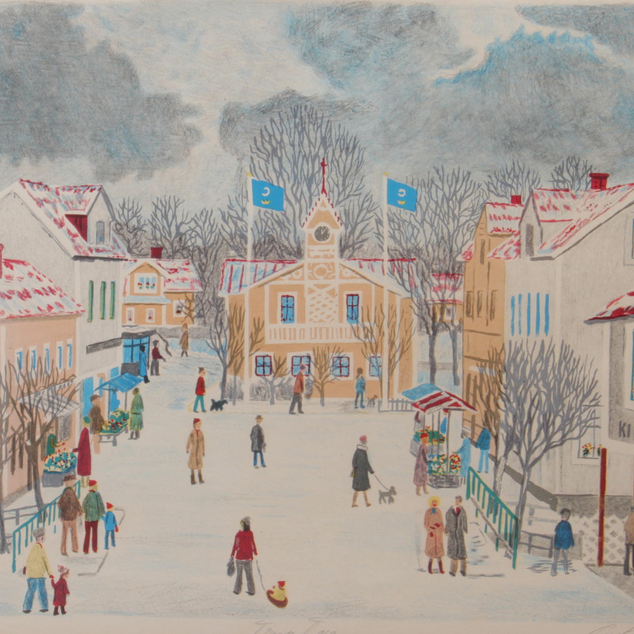 CURT SJÖBERG. Färglitografier, 3 st. Delvis "Trosa torg", signerade och numrerade 1/360.