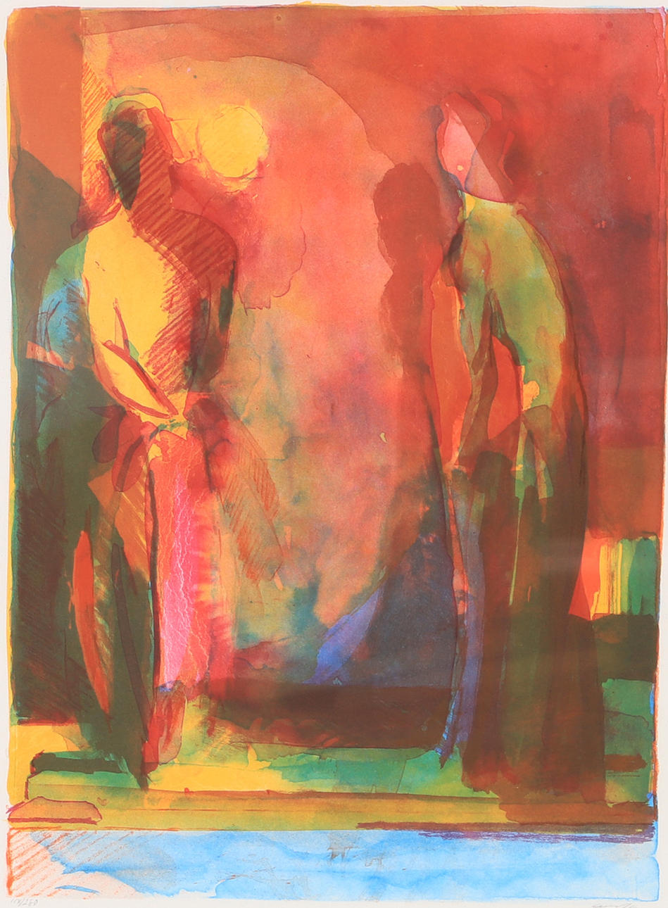 ELISABETH JANSSON. Talking couple, color lithograph, signed.