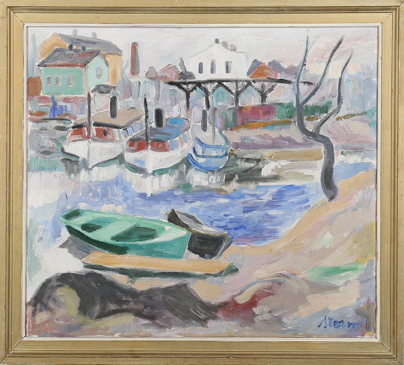 OIDENTIFIERAD KONSTNÄR. Förtöjda båtar i hamn, olja på duk, signerad Storm.