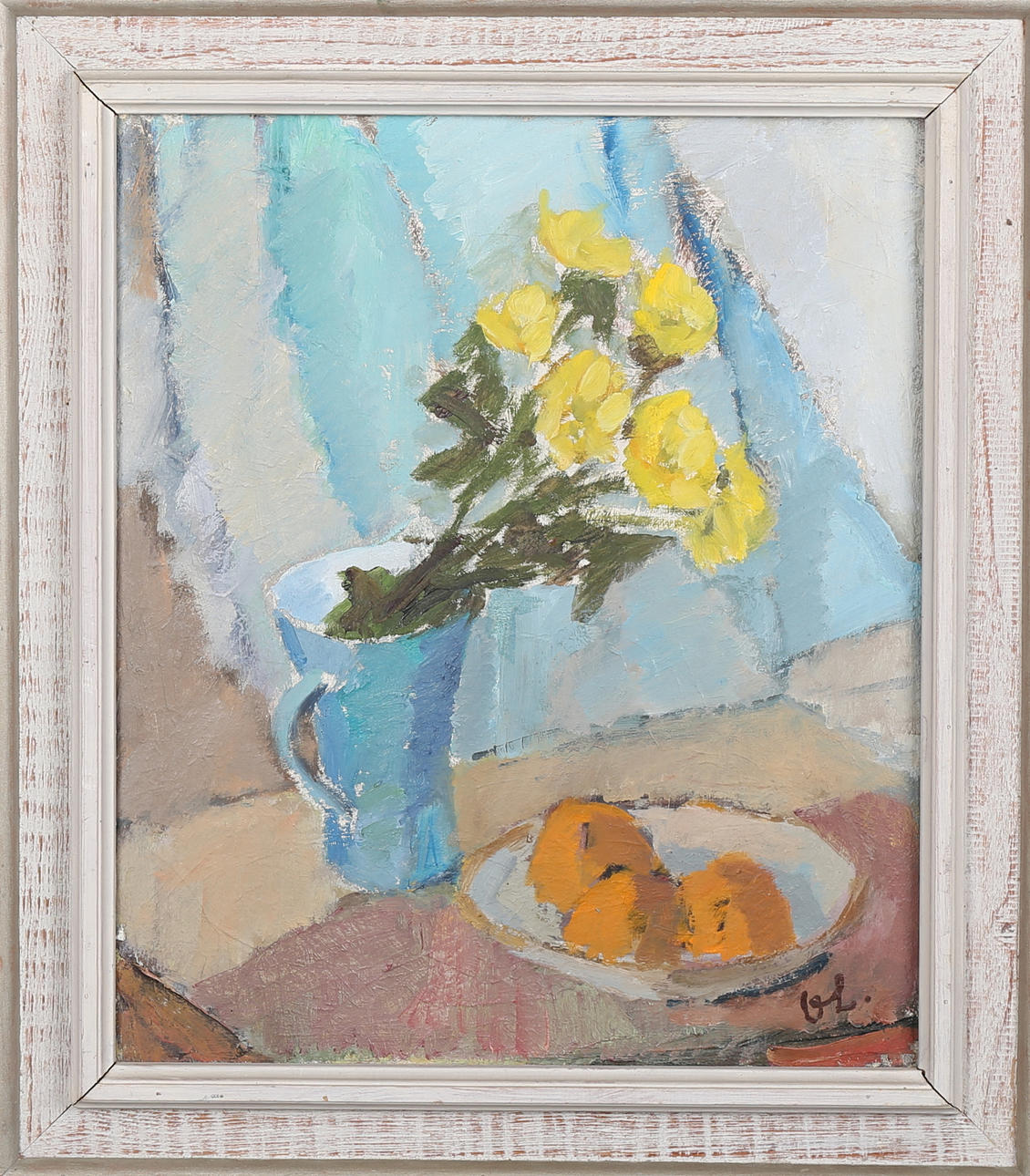OIDENTIFIERAD KONSTNÄR. Stilleben med blommor och frukt, olja på pannå, signerad O L.