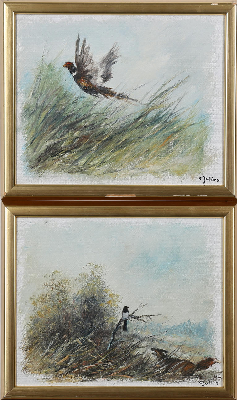 RICHARD SCHNEIDER. (pseud.) CARL JULIUS, CARL JULIUS, 2 pcs oils on canvas, Birds in landscape, Signed C Julius.