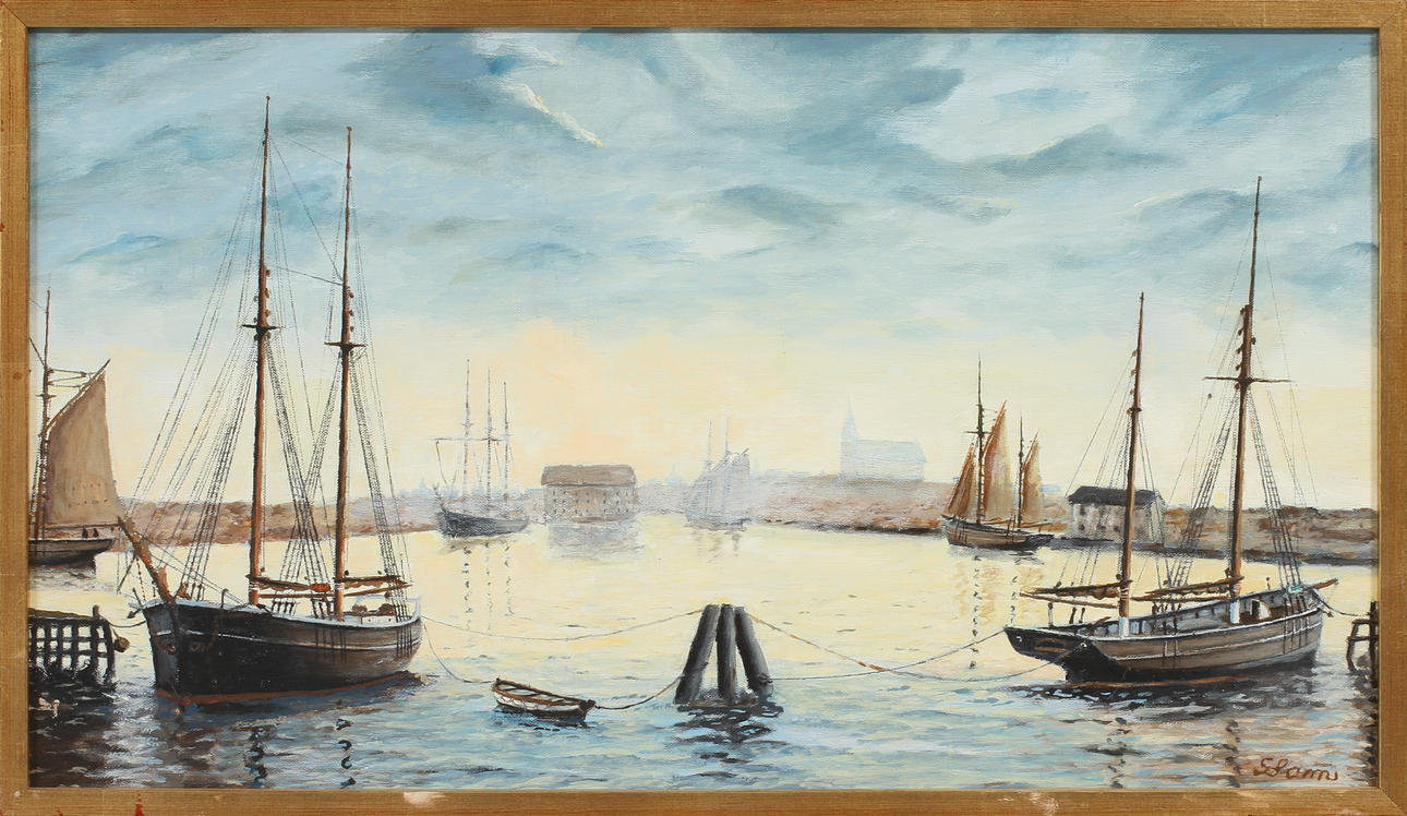 GUSTAV SAMUELSSON. Fartyg i hamnen, olja på duk, signerad.